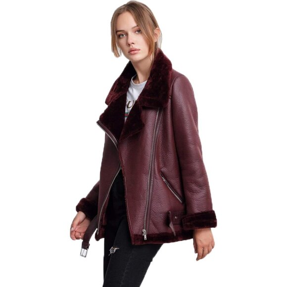 Women Wine Red Faux Shearling Moto Jacket Thick Lined Winter Leather Coat - Picture 2 of 6